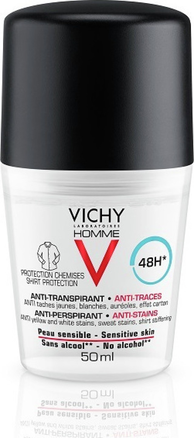 Vichy Homme 48hr Anti-Perspirant Anti-Stains Roll-On Κατά των Λευκών & Κίτρινων Λεκέδων 50ml