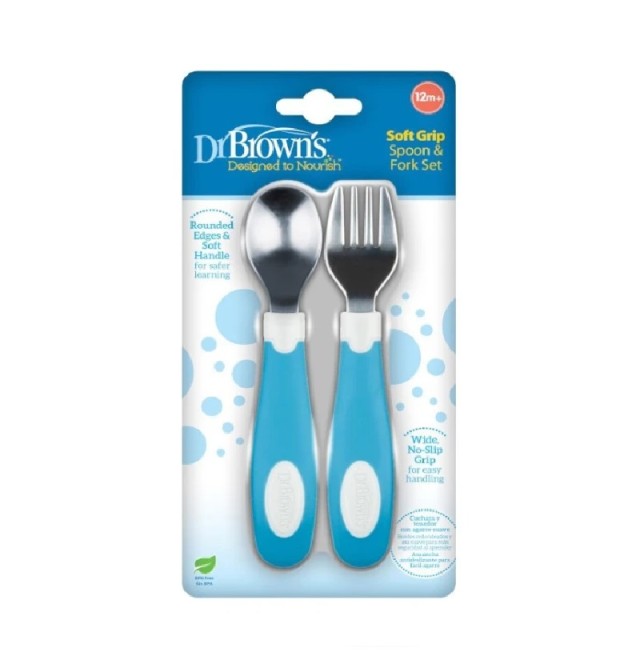 Dr. Browns TF028 Soft Grip Spoon & Fork Set Σετ Κουτάλι & Πιρούνι Μεταλλικά 12m+ Μπλε 2τμχ