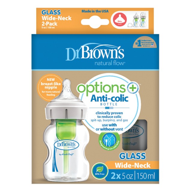 Dr. Browns WB 52700 Options Anti-colic Μπιμπερό Γυάλινο με Φαρδύ Λαιμό & Θηλή Σιλικόνης 150ml 2τμχ