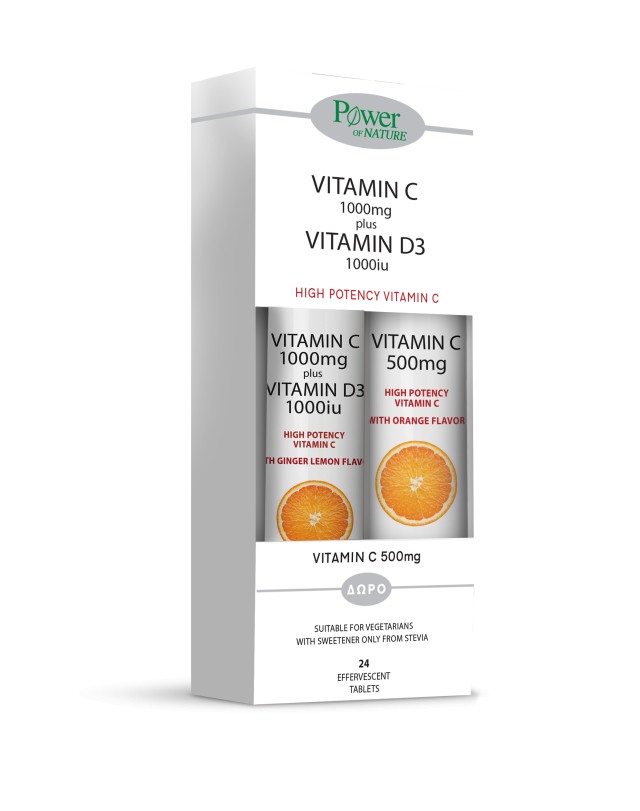 Power Health 1+1 Vitamin C 1000mg + Vitamin D3 VITAMIN 1000iu Με Stevia 24αναβράζοντα δισκία + Δώρο Vitamin C 500mg 20αναβράζοντα δισκία