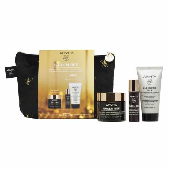 Apivita Promo Queen Bee Absolute Anti Aging & Regenerating Cream Πλούσιας Υφής 50ml & Δώρο Serum Προσώπου 10ml & Cleansing Milk 3 in 1 50ml