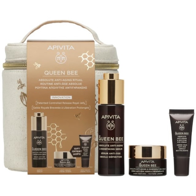 Apivita Promo Queen Bee Ρουτίνα Απόλυτης Αντιγήρανσης με Queen Bee Serum Αντιγηραντικός Ορός Προσώπου, 30ml & Δώρο Queen Bee Αντιγηραντική Κρέμα Ελαφριάς Υφής, 15ml, Κρέμα Ματιών, 5ml & Νεσεσέρ, 1τεμ, 1σετ