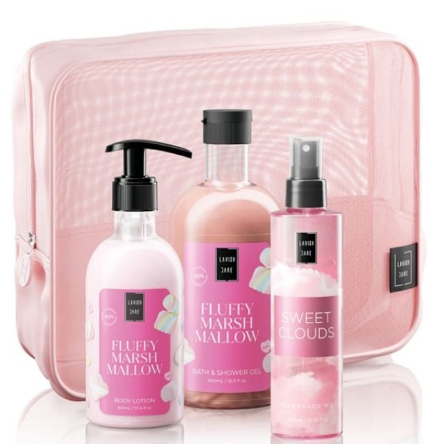 Lavish Care Fluffy Marshmallow Body Care Bag Gift Set Περιποίησης Σώματος με Fluffy Marshmallow Shower Gel Αφρόλουτρο, 500ml, Body Lotion Κρέμα Σώματος, 300ml, Sweet Clouds Mist, 200ml & Δώρο Νεσεσέρ, 1τεμ, 1σετ