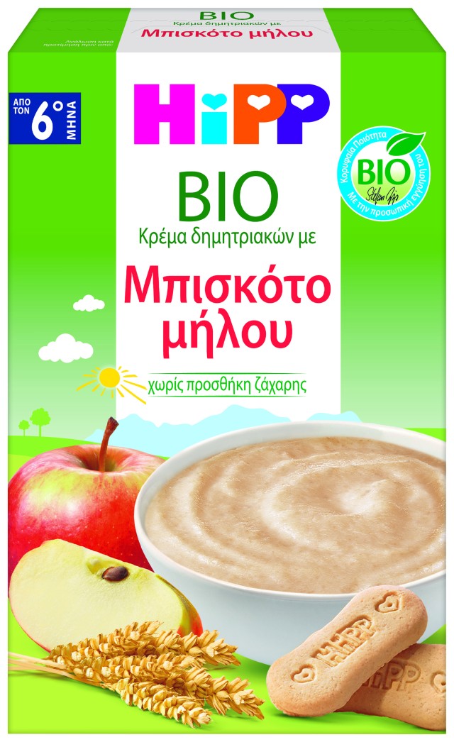 HiPP  BIO Κρέμα Δημητριακών με Μπισκότο Μήλου ,κατάλληλη για βρέφη από τον 6ο μήνα,250g.