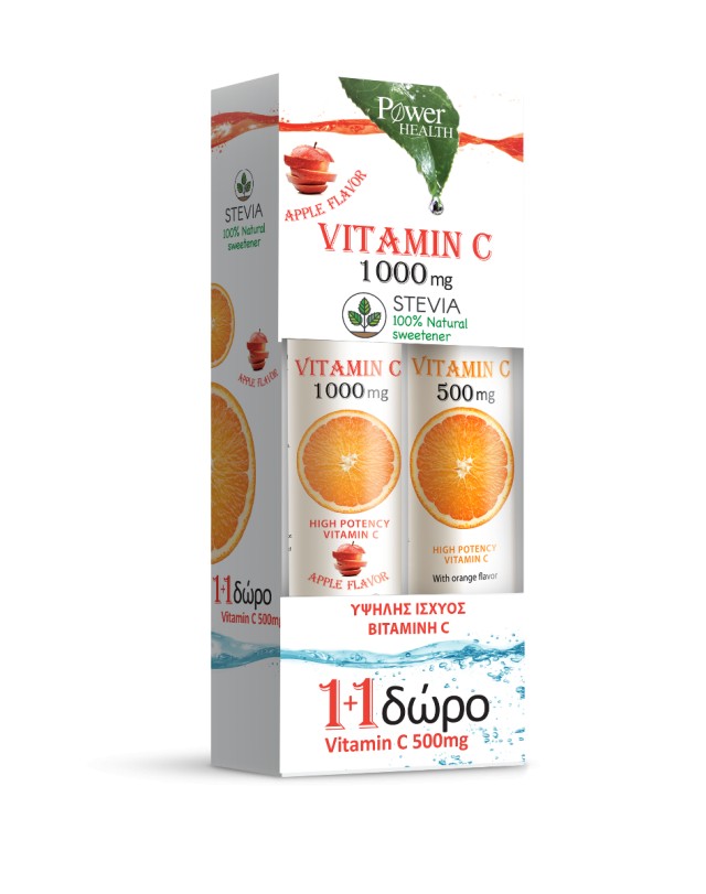 Power Health Promo Vitamin C Stevia 1000mg Apple 24 Αναβράζοντα Δισκία & Δώρο Vitamin C 500mg Orange 20 Αναβράζοντα Δισκία