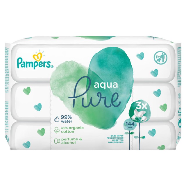 Pampers Promo Wipes Aqua Pure Μωρομάντηλα Από Βιολογικό Βαμβάκι & 99% Καθαρό Νερό 3x48τμχ