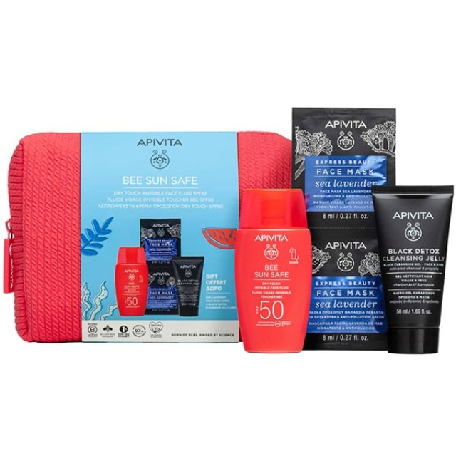 Apivita Promo Bee Sun Safe Dry Touch Invisible Face Fluid Λεπτόρευστη Κρέμα Προσώπου SPF50+, 50ml & Δώρο Black Detox Cleansing Jelly Μαύρο Gel Kαθαρισμού, 50ml & Express Beauty Face Mask Sea Lavender Μάσκα Προσώπου Θαλάσσια Λεβάντα, 2x8ml, 1σετ