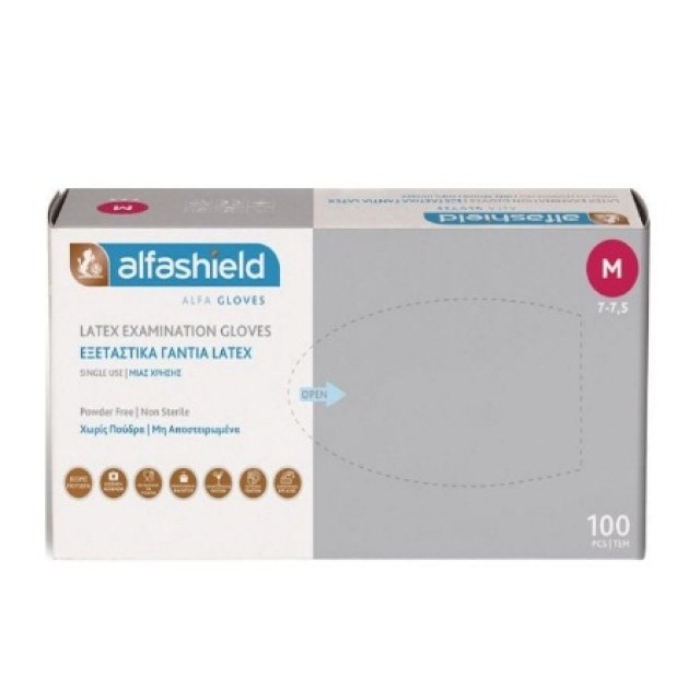 Alfashield Alfa Gloves Εξεταστικά Γάντια Λάτεξ Μέγεθος Medium Λευκό Χρώμα Χωρίς Πούδρα 100 Τεμάχια
