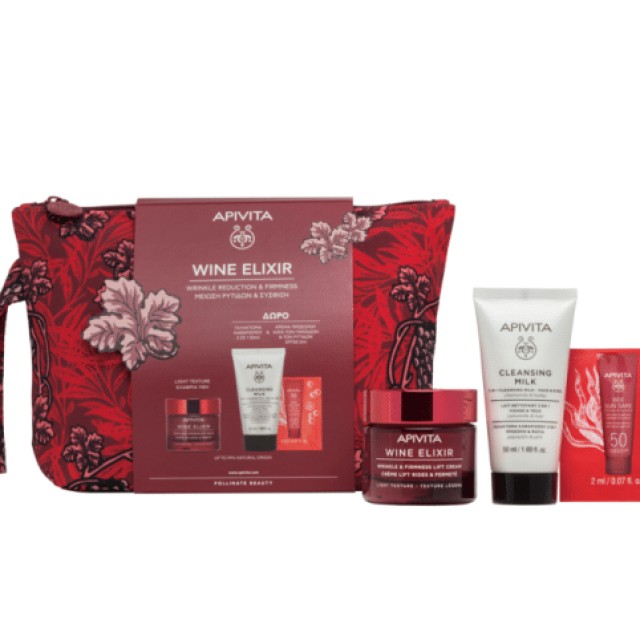 Apivita Promo Wine Elixir Αντιρυτιδική Κρέμα Για Σύσφιξη & Lifting-Ελαφριάς Υφής 50ml & Δώρο Cleansing Milk 3 in 1 Face & Eyes-Chamomile & Honey 50ml & Bee Sun Safe Κρέμα Κατά Των Πανάδων 2ml