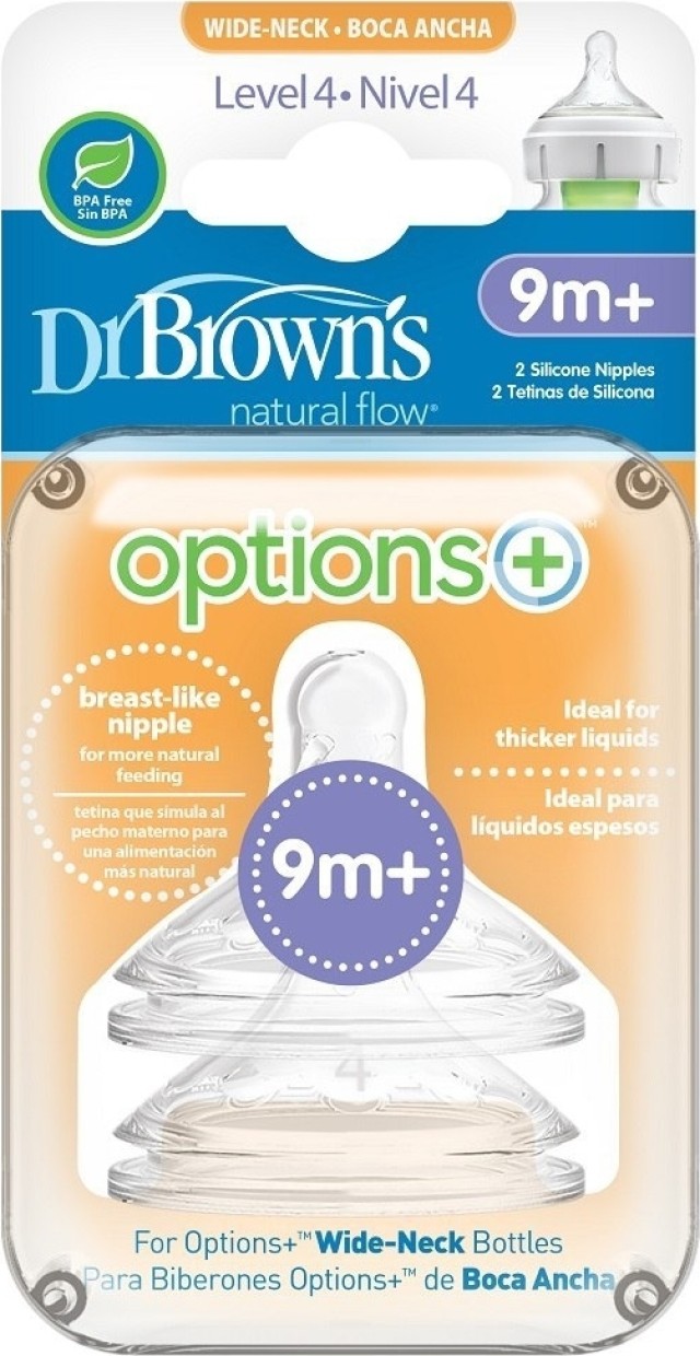 Dr. Browns Θηλές Για Μπιμπερό Options+ Με Φαρδύ Λαιμό Επίπεδο 4 9m+ 2τμχ