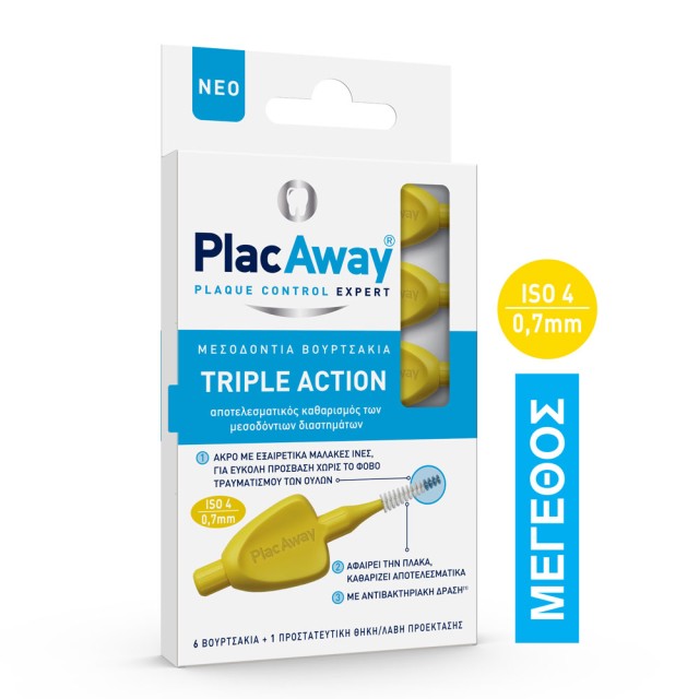 Plac Away Μεσοδόντιο Βουρτσάκι Triple Action 0.7mm Κίτρινο 6τμχ