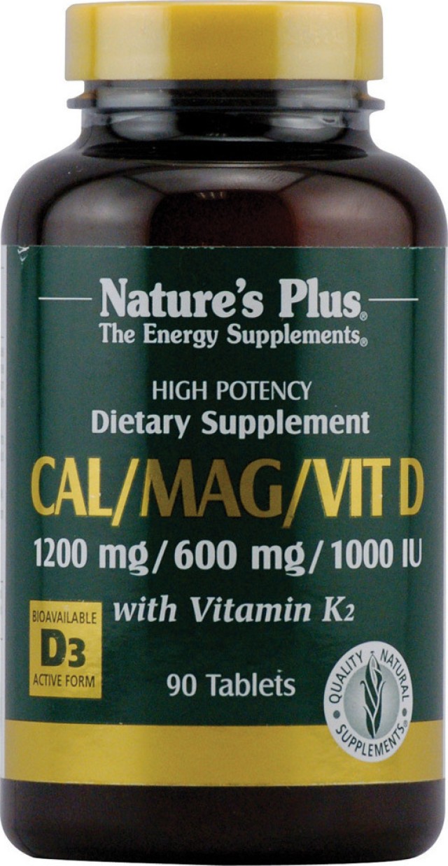 Natures Plus Cal 1200mg Mag 600mg Vitamin D 1000mg Vitamin K 100mg - Συμπλήρωμα Διατροφής Για Την Ενίσχυση Των Οστών, 90 ταμπλέτες