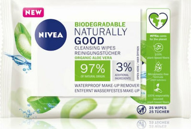 Nivea Naturally Good Cleansing Wipes Aloe Vera Μαντηλάκια Καθαρισμού & Ντεμακιγιάζ Προσώπου Οργανική Αλόη 25τμχ