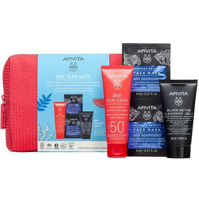 Apivita Promo Bee Sun Safe Hydra Sensitive Soothing Face Cream Καταπραϋντική Κρέμα Προσώπου SPF50+, 50ml & Δώρο Black Detox Cleansing Jelly Μαύρο Gel Kαθαρισμού, 50ml & Express Beauty Face Mask Sea Lavender Μάσκα Προσώπου Θαλάσσια Λεβάντα, 2x8ml, 1σετ