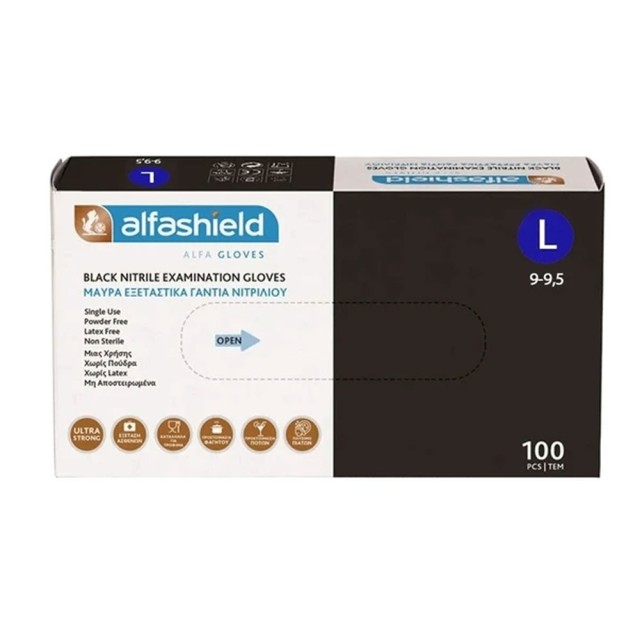 AlfaShield Alfa Gloves Εξεταστικά Γάντια Νιτριλίου Μαύρα - Large 100 Τμχ