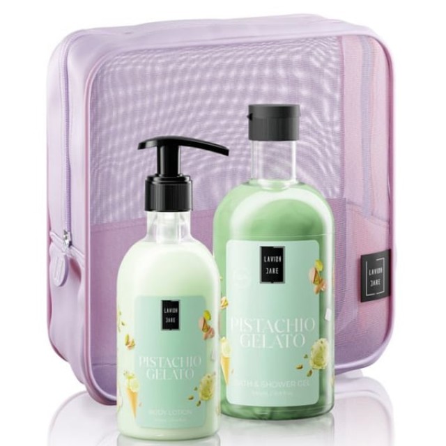 Lavish Care Pistachio Gelato Body Care Bag Gift Set Περιποίησης Σώματος με Pistachio Gelato Shower Gel Αφρόλουτρο, 500ml, Body Lotion Κρέμα Σώματος, 300ml & Δώρο Νεσεσέρ, 1τεμ, 1σετ