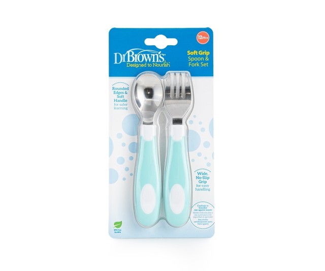 Dr. Browns TF027 Soft Grip Spoon & Fork Set Σετ Κουτάλι & Πιρούνι Μεταλλικά 12m+ Βεραμάν 2τμχ