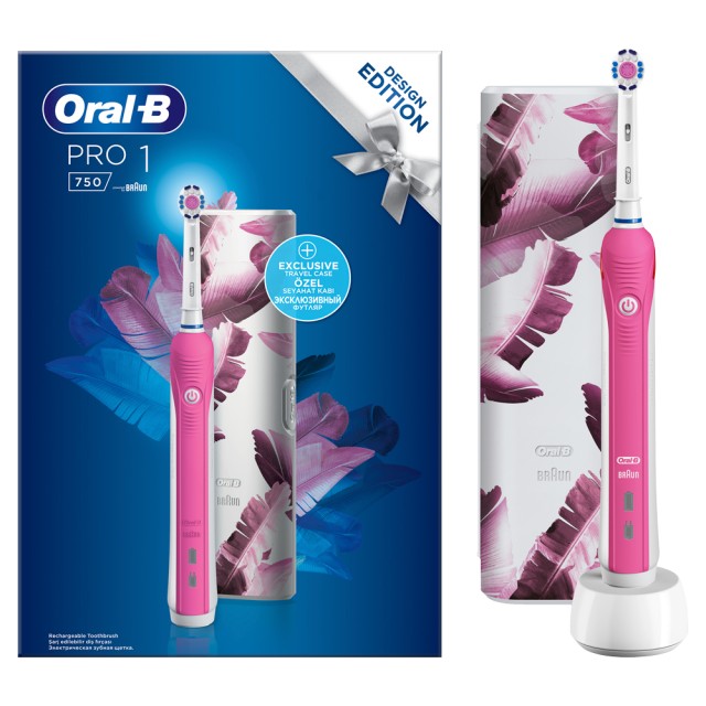 Oral-B Pro 1 750 Design Edition Pink Ηλεκτρική Οδοντόβουρτσα Με Χρονομετρητή, Αισθητήρα Πίεσης & Θήκη Ταξιδίου 1τμχ