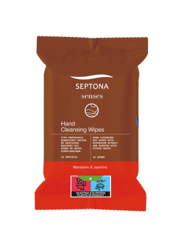 Septona Senses Υγρά Μαντηλάκια Καθαρισμού Χεριών Μανταρίνι & Γιασεμί, 15τεμ