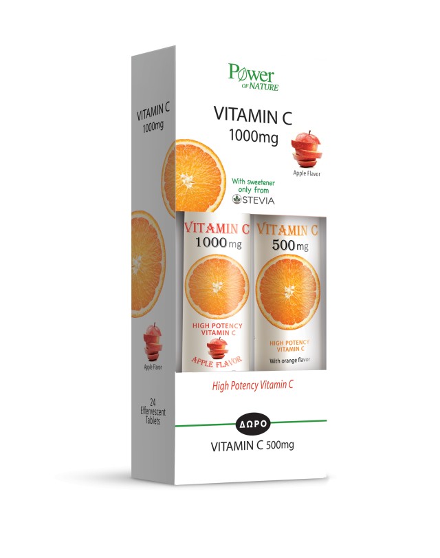 Power Health Promo Vitamin C Stevia 1000mg Apple 24 Αναβράζοντα Δισκία & Δώρο Vitamin C 500mg Orange 20 Αναβράζοντα Δισκία
