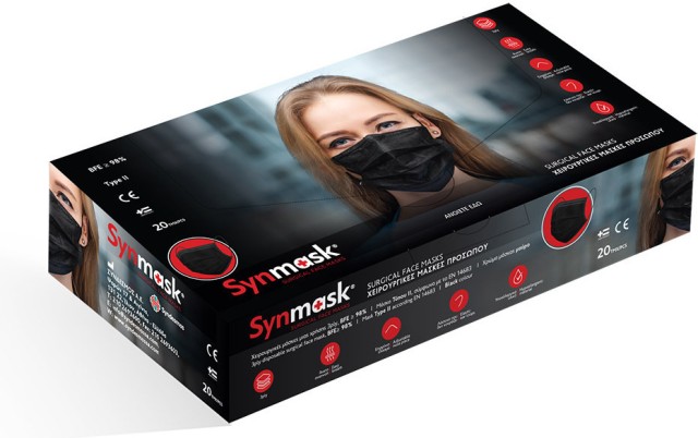 SYNMASK ΜΑΣΚΑ ΠΡΟΣΩΠΟΥ ΧΕΙΡΟΥΡΓΙΚΗ ΜΑΥΡΗ TYPE II ΜΙΑΣ ΧΡΗΣΗΣ 3PLY 20τμχ