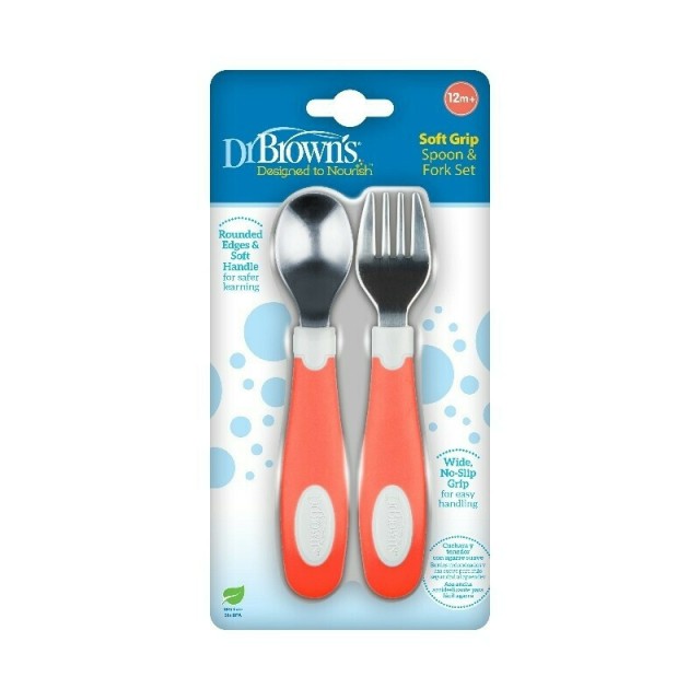 Dr. Browns TF026 Soft Grip Spoon & Fork Set Σετ Κουτάλι & Πιρούνι Μεταλλικά 12m+ Κοραλί 2τμχ