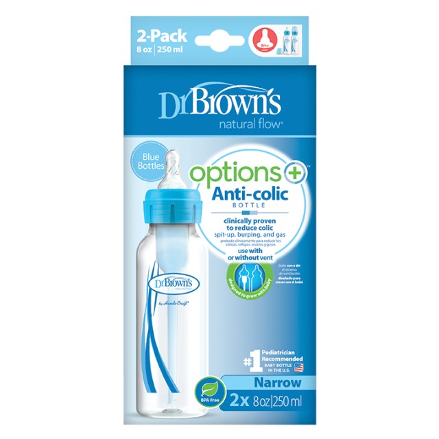 Dr. Browns SB 82405 Μπιμπερό Πλαστικό με Στενό Λαιμό & Θηλή Σιλικόνης Γαλάζιο 250ml 2τμχ