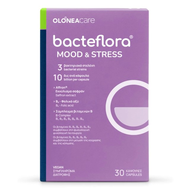 Olonea Bacteflora Mood & Stress για τη Διάθεση και τη Διαχείριση του Stress με Ψυχοβιοτικά, Εκχύλισμα Σαφράν Affron® και Σύμπλεγμα Βιταμινών Β, 30κάψουλες