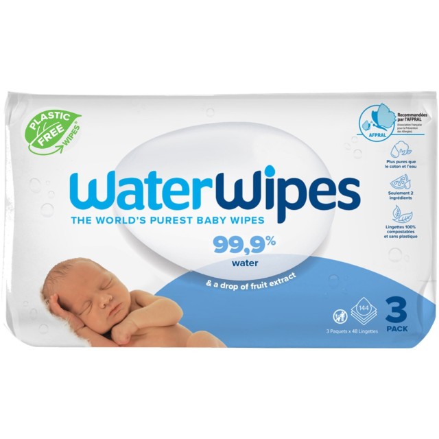WaterWipes, 100% Plastic-free Άοσμα Μωρομάντηλα, 99.9% Νερό, Ηλικίες 0+, 144 Μαντηλάκια (3πακ/48τμχ)