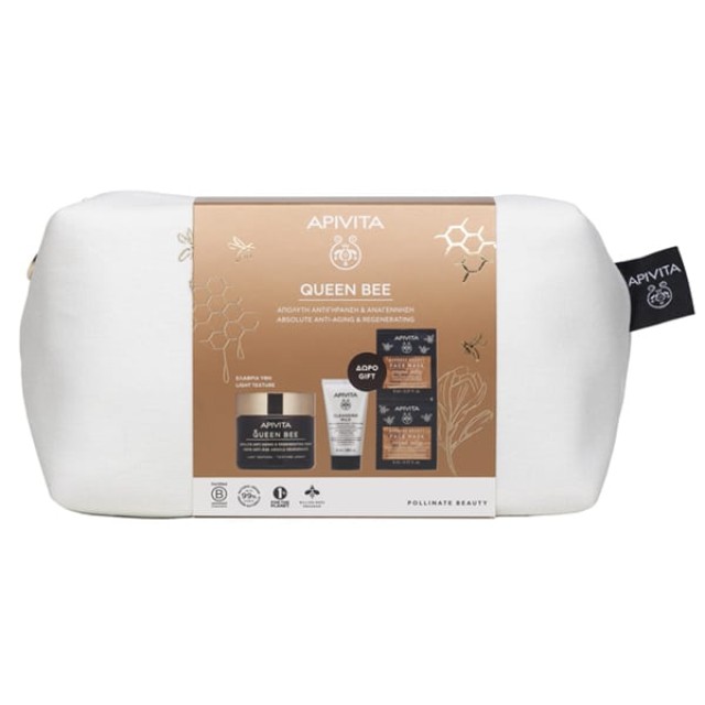 Apivita Queen Bee Promo με Absolute Anti-Aging & Regenerating Light Cream Αντιγηραντική Κρέμα Προσώπου Ελαφριάς Υφής, 50ml & Δώρο Cleansing Milk Γαλάκτωμα Καθαρισμού 3 σε 1 για Πρόσωπο & Μάτια, 50ml & Face Mask Royal Jelly Μάσκα Προσώπου, 2x8ml, 1σετ