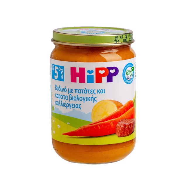 HiPP Bio Βρεφικό Γεύμα με βοδινό, πατάτες και καρότα κατάλληλο για βρέφη από τον 5ο μήνα.