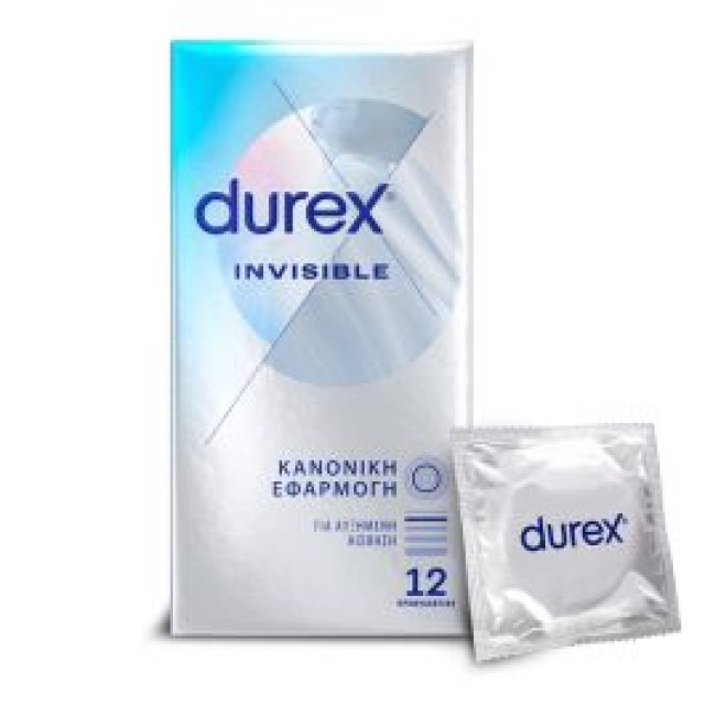 Durex Invisible Condoms Extra Thin Regular Fit Προφυλακτικά Εξαιρετικά Λεπτά, 12τμχ