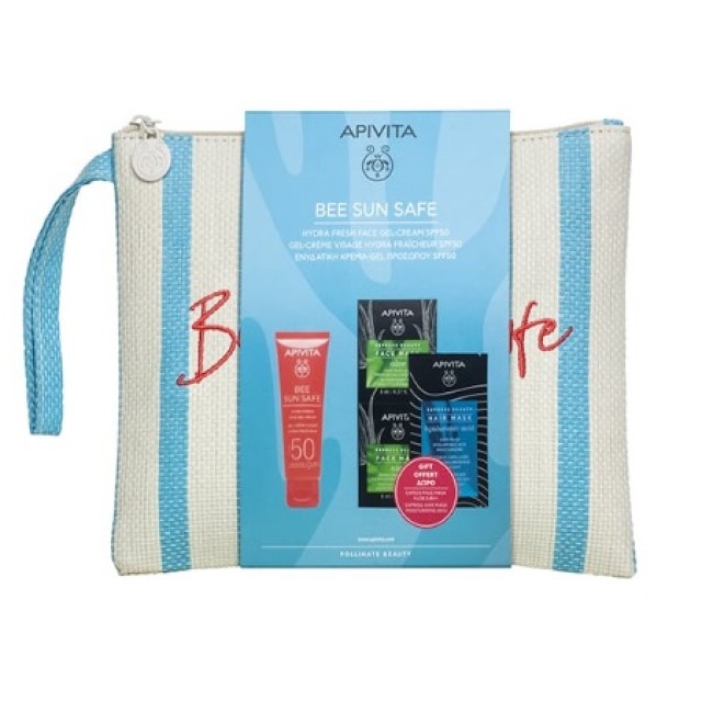 Apivita Bee Sun Safe Πακέτο Hydra Fresh Face Gel-Cream SPF50+ 50ml + Δώρο Express Beauty Face Mask Aloe 2x8ml + Express Beauty Hair Mask Hyaluronic Acid 20ml + 1 Νεσεσέρ