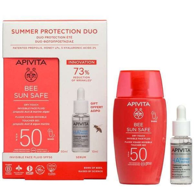 Apivita Promo Summer Protection Duo Bee Sun Safe Dry Touch Λεπτόρρευστη Κρέμα Προσώπου κατά των Πανάδων & Ρυτίδων SPF50, 50ml & Δώρο HA5 Honey Repair Serum Ορός Επανόρθωσης, 10ml, 1σετ