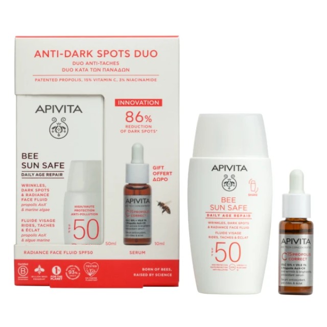 Apivita Promo Anti-Dark Spots Duo Bee Sun Safe Daily Age Repair Dry Touch Λεπτόρευστη Κρέμα Προσώπου κατά των Πανάδων & Ρυτίδων SPF50, 50ml & Δώρο C15 Propolis Correct Serum Αντιρυτιδικός & Αντιοξειδωτικός Ορός Λάμψης, 10ml, 1σετ