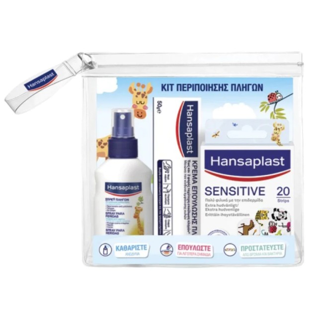 Hansaplast Πακέτο Περιποίησης Πληγών με Παιδικό Spray Καθαρισμού Πληγών, 100ml & Αυτοκόλλητα Επιθέματα Παιδικά Με Ζωάκια, 20τμχ & Hansaplast Κρέμα Επούλωσης, 50g