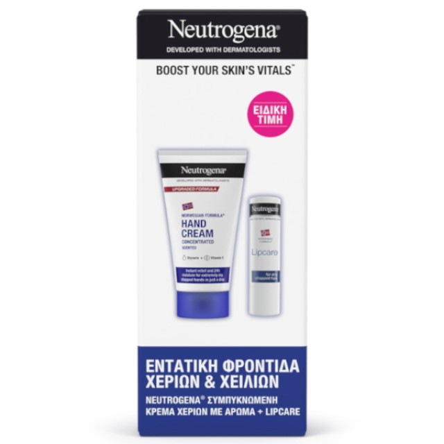 Neutrogena Promo Pack Norwegian Formula Εντατική Φροντίδα Χεριών & Χειλιών με Hand Cream Concentrated Scented Συμπυκνωμένη Κρέμα Χεριών με Άρωμα, 75ml & Lipcare Ενυδατικό Στικ Χειλιών, 4,8g, 1σετ