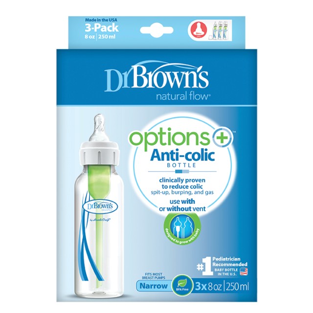 Dr. Browns SB 83005 Μπιμπερό Πλαστικό με Στενό Λαιμό & Θηλή Σιλικόνης Γαλάζιο 250ml 3τμχ