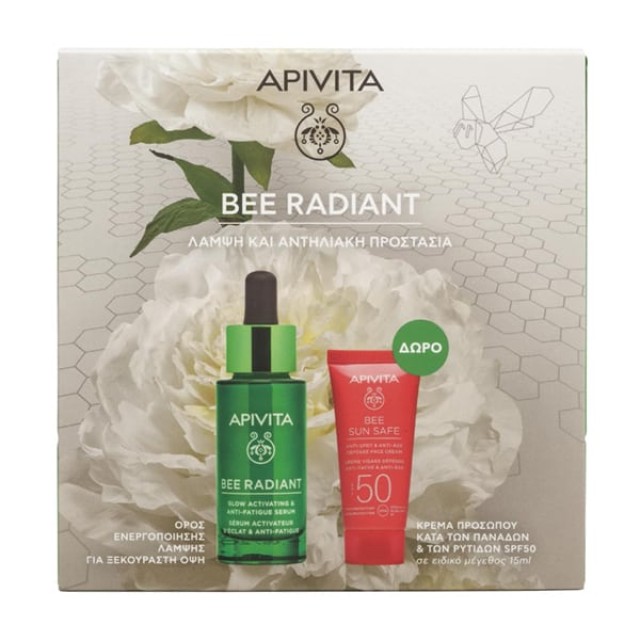 Apivita Promo Bee Radiant Serum Ορός Προσώπου για Λάμψη & Ξεκούραστη Όψη, 30ml & Anti-Spot & Anti-Age Defence Face Cream Κρέμα Προσώπου Κατά των Πανάδων & των Ρυτίδων SPF50, 15ml, 1σετ