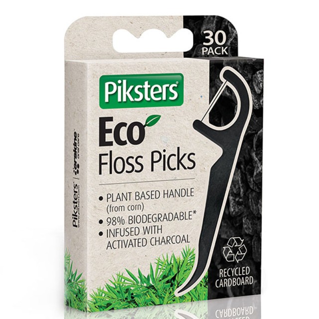 Piksters Eco Floss Picks Charcoal Οδοντικά Νήματα & Οδοντογλυφίδα 2 Σε 1 30τμχ