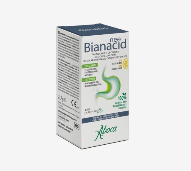 Aboca Neo Bianacid – Παλινδρόμηση, Οξύτητα και Δυσκολίες στην Πέψη, Ταχεία Δράση, Γεύση Λεμόνι 14tabs