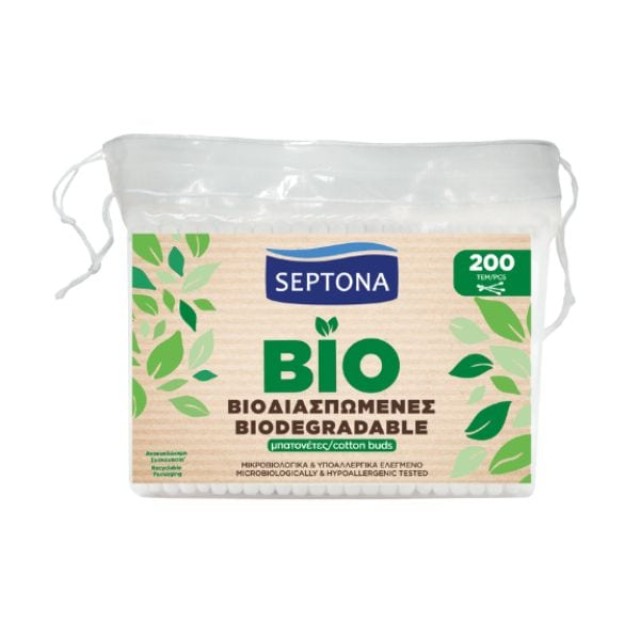 Septona Biodegradable Cotton Buds Βιοδιασπώμενες Μπατονέτες 100% Βαμβάκι 200τμχ