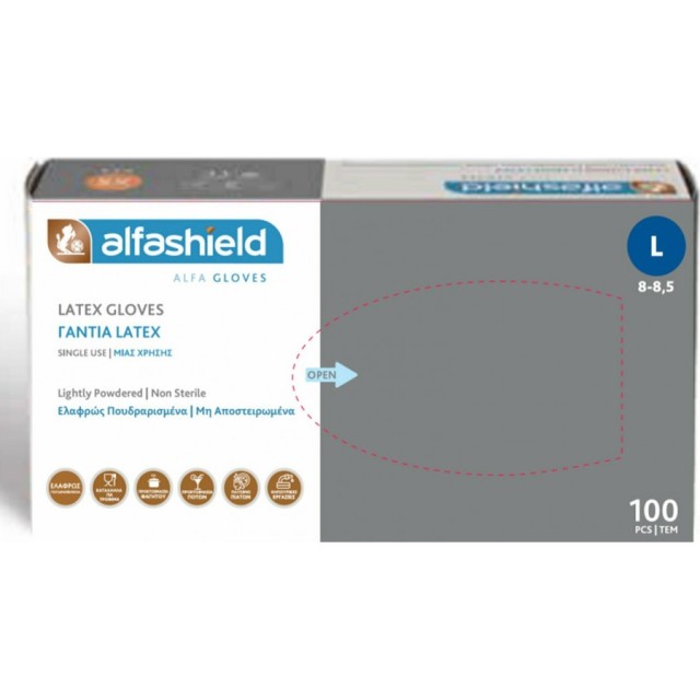 Alfashield Alfa Gloves Εξεταστικά Γάντια Λάτεξ Ελαφρά Πουδραρισμένα Λευκό 100τμχ