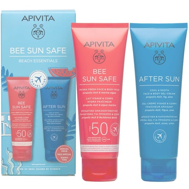 Apivita Promo Bee Sun Safe Beach Essentials Hydra Fresh Face & Body Milk Ενυδατικό Αναζωογονητικό Γαλάκτωμα για Πρόσωπο & Σώμα SPF50, 100ml & After Sun Cool & Sooth Face & Body Gel Cream Δροσιστική & Καταπραϋντική Κρέμα-Gel για Πρόσωπο & Σώμα, 100ml, 1σετ