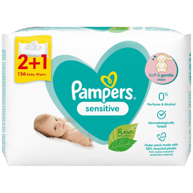 Pampers Sensitive Μωρομάντηλα χωρίς Parabens 3x52τμχ 2+1