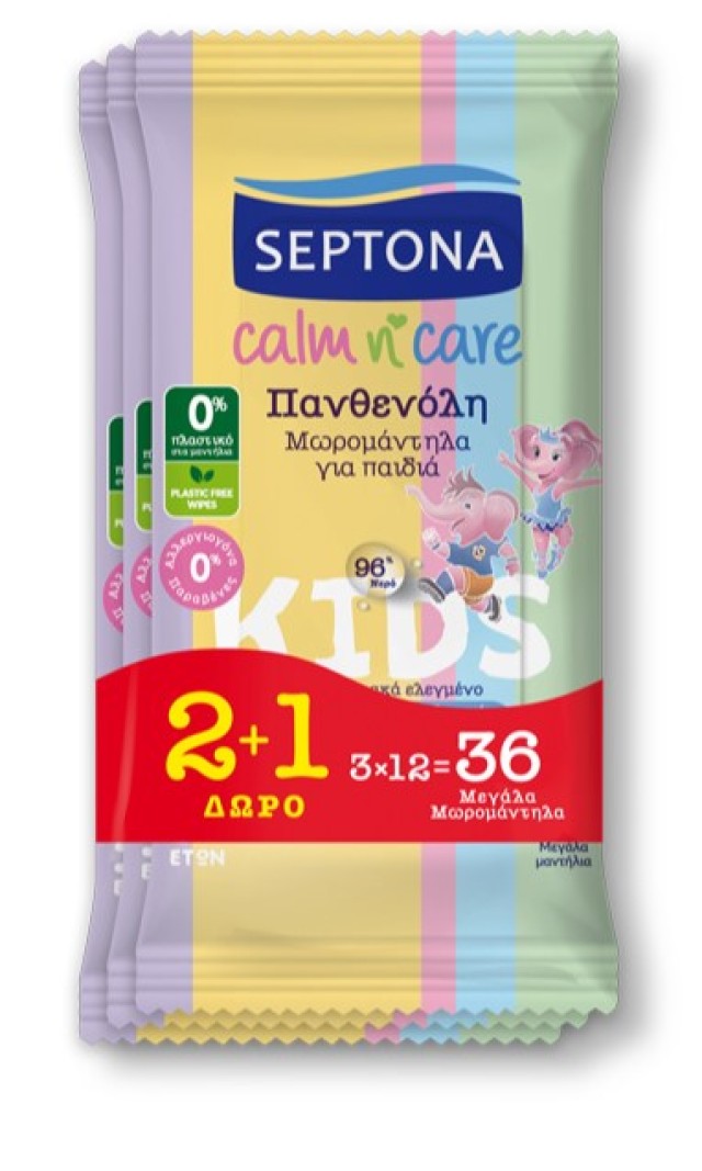 Septona Μωρομάντηλα Calm n Care Με Πανθενόλη Γιά Παιδιά 2+1 Δώρο 3x12τμχ