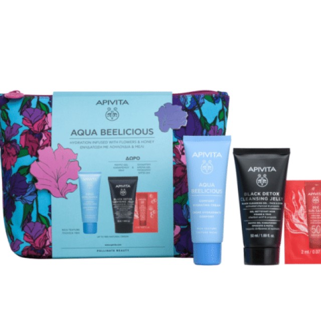 Apivita Promo Aqua Beelicious Comfort Απαλή Κρέμα Ενυδάτωσης Πλούσιας υφής & Δώρο Gel Καθαρισμού Black Detox Για Πρόσωπο & Μάτια & Bee Sun Safe Ενυδατική Κρέμα-Gel Προσώπου SPF50 2ml