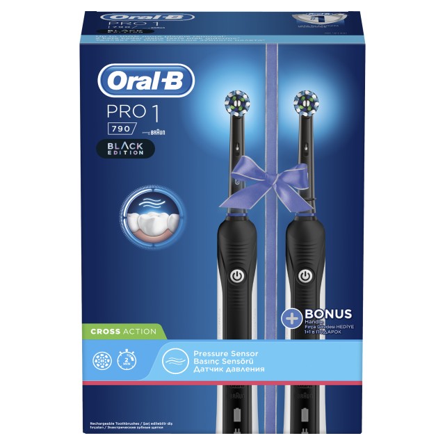 Oral-B Pro 1 790 Black Edition Cross Action Ηλεκτρική Οδοντόβουρτσα Με Χρονομετρητή & Αισθητήρα Πίεσης 2τμχ