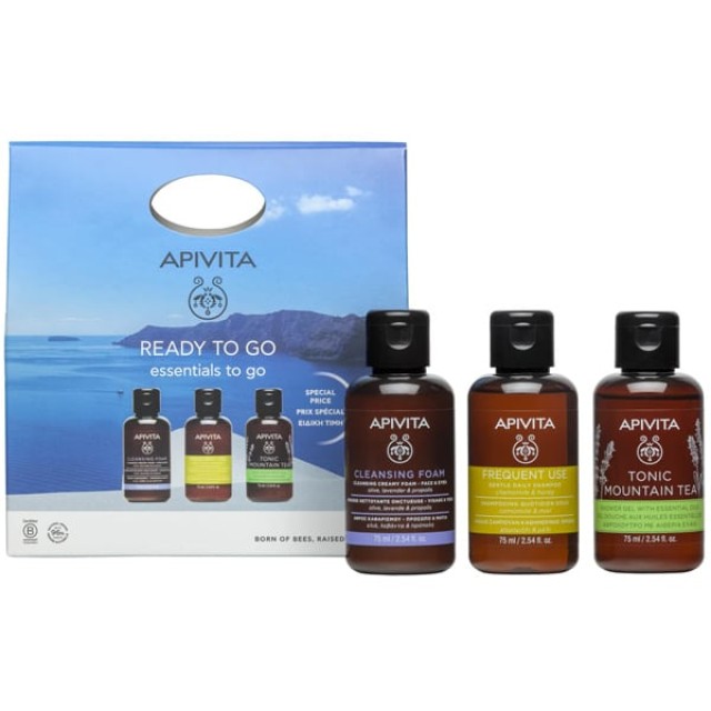 Apivita Promo Essentials Ready To Go Σετ Περιποίησης για Ταξίδια με Frequent Use Σαμπουάν για Καθημερινή Χρήση, 75ml, Tonic Mountain Tea Αφρόλουτρο, 75ml & Cleansing Foam Καθαριστικό Προσώπου, 75ml, 1σετ