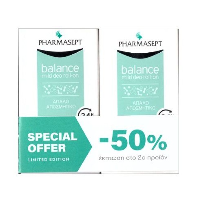 Pharmasept Promo Balance Mild Deo Roll-On 24h Αποσμητικό Για Ξηρές Επιδερμίδες 2x50ml (-50% Στο 2ο Προϊόν)